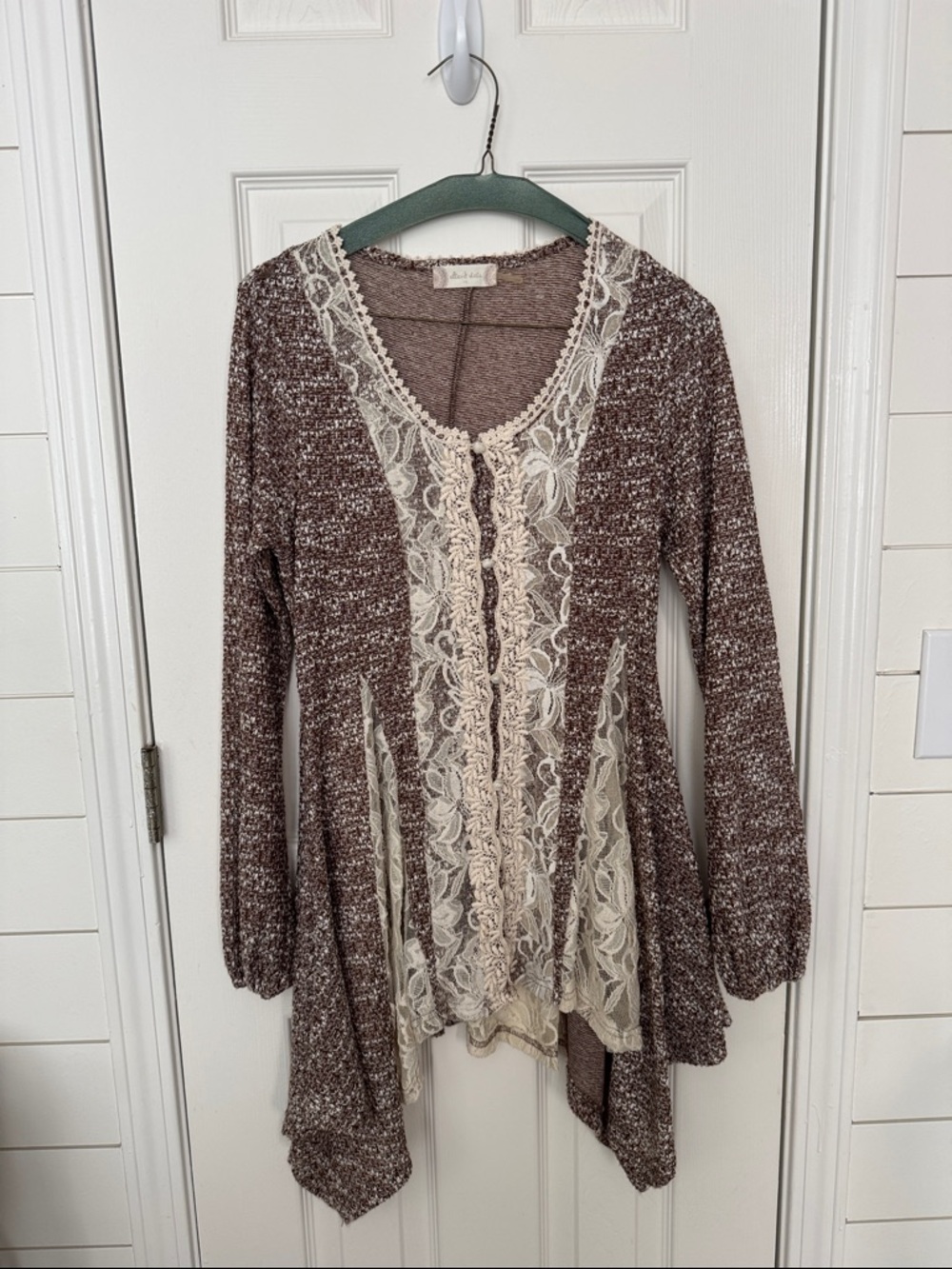 Altar’d State Boho Lace Tunic/ Cardigan Sheer Panel Flowy Handkerchief Hem